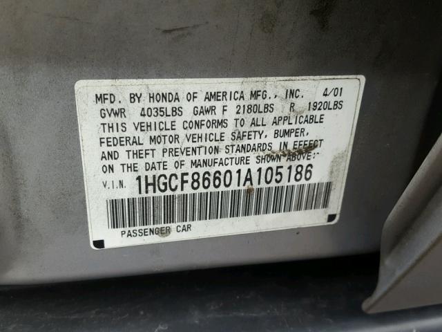 1HGCF86601A105186 - 2001 HONDA ACCORD VAL SILVER photo 10