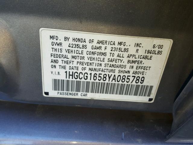 1HGCG1658YA085789 - 2000 HONDA ACCORD EX GRAY photo 10