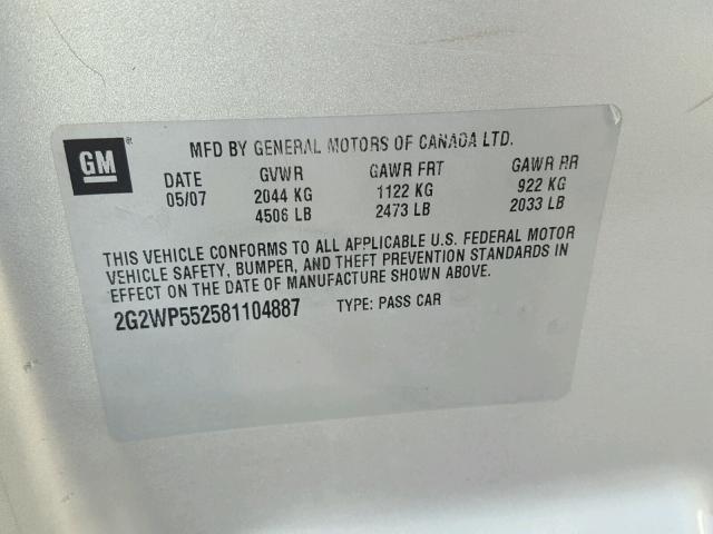 2G2WP552581104887 - 2008 PONTIAC GRAND PRIX Արծաթագույն լուսանկար 10