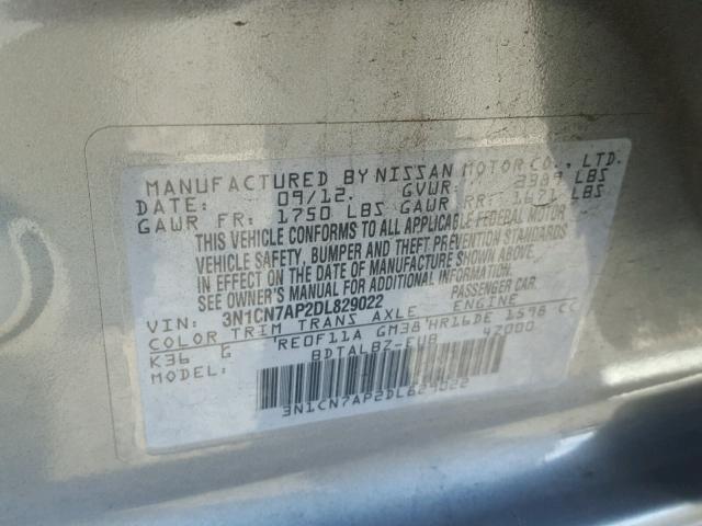 3N1CN7AP2DL829022 - 2013 NISSAN VERSA S GRAY photo 10