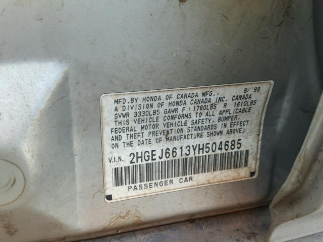 2HGEJ6613YH504685 - 2000 HONDA CIVIC BASE SILVER photo 10