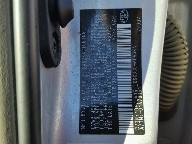 4T1BK36B37U193613 - 2007 TOYOTA AVALON XL SILVER photo 10