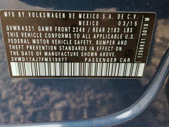 3VWD17AJ7FM319977 - 2015 VOLKSWAGEN JETTA SE 蓝色 照片 10