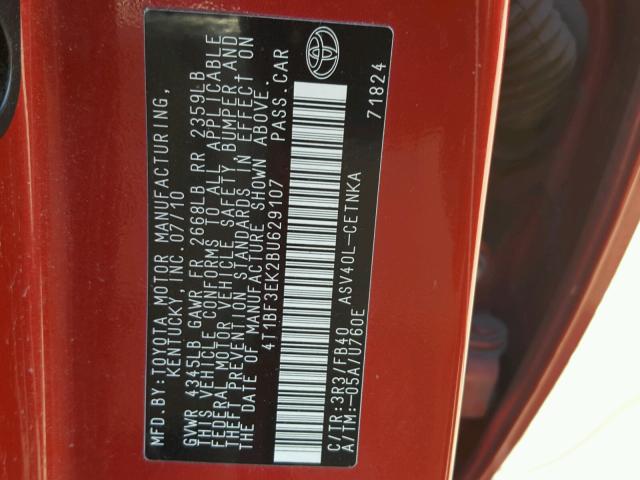 4T1BF3EK2BU629107 - 2011 TOYOTA CAMRY BASE RED photo 10