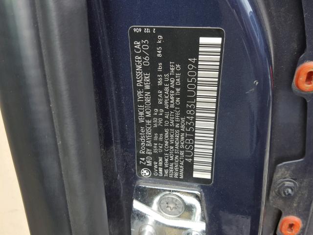 4USBT53483LU05094 - 2003 BMW Z4 3.0 BLUE photo 10