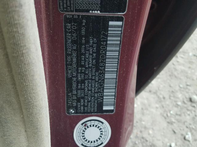 WBAGN63482DR04172 - 2002 BMW 745 LI BURGUNDY photo 10