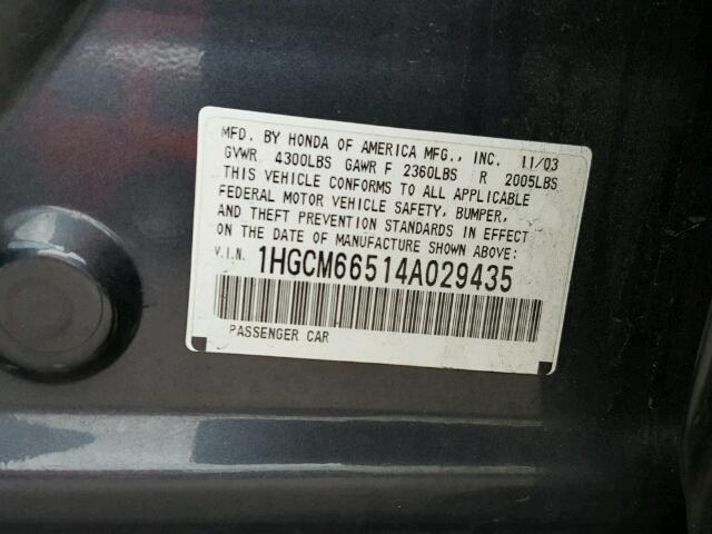 1HGCM66514A029435 - 2004 HONDA ACCORD EX GRAY photo 10