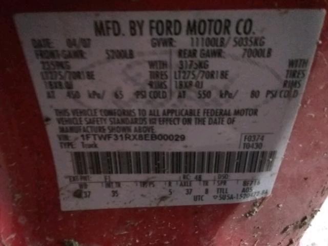 1FTWF31RX8EB00029 - 2008 FORD F350 SRW S RED photo 10