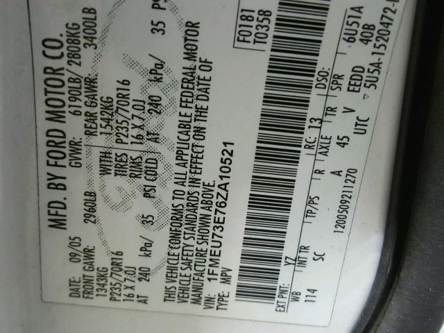 1FMEU73E76ZA10521 - 2006 FORD EXPLORER X WHITE photo 10