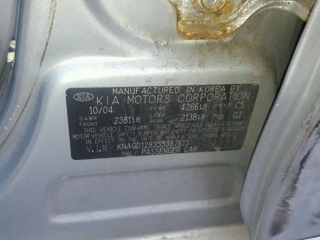 KNAGD128355387615 - 2005 KIA OPTIMA LX SILVER photo 10