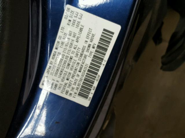 JHLRD78816C043531 - 2006 HONDA CR-V EX BLUE photo 10