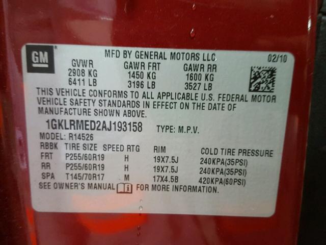 1GKLRMED2AJ193158 - 2010 GMC ACADIA SLT წითელი ფოტო 10