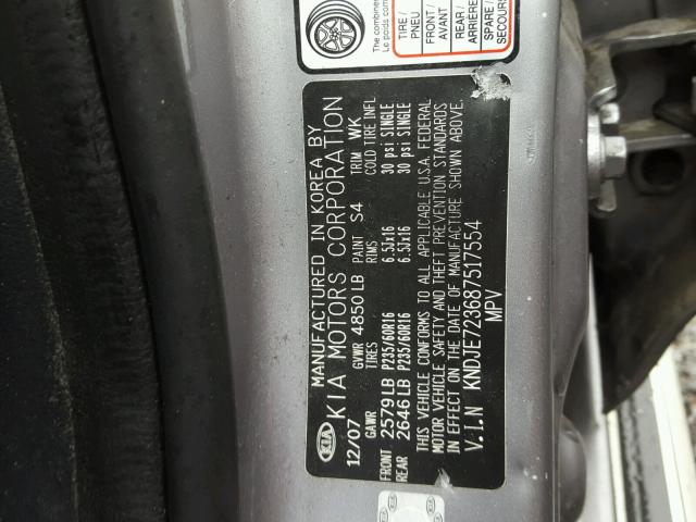 KNDJE723687517554 - 2008 KIA SPORTAGE E GRAY photo 10