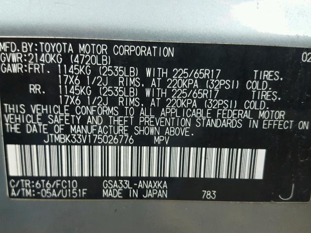 JTMBK33V175026776 - 2007 TOYOTA RAV4 GREEN photo 10