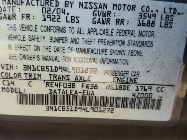 3N1CB51D94L901272 - 2004 NISSAN SENTRA 1.8 GRAY photo 10