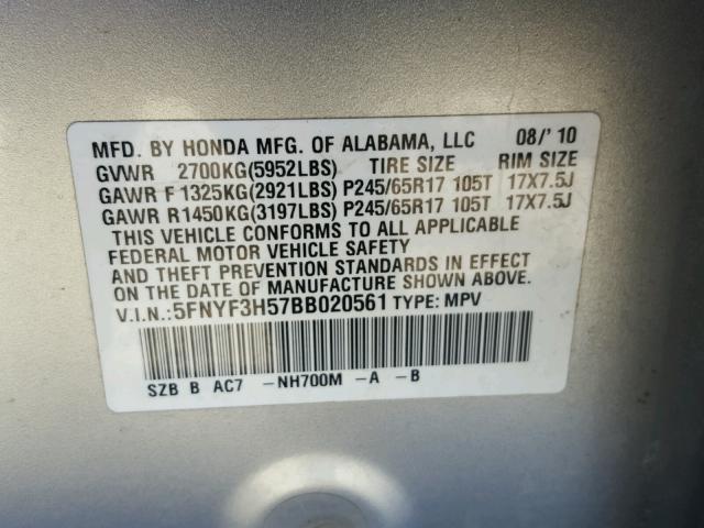 5FNYF3H57BB020561 - 2011 HONDA PILOT EXL SILVER photo 10