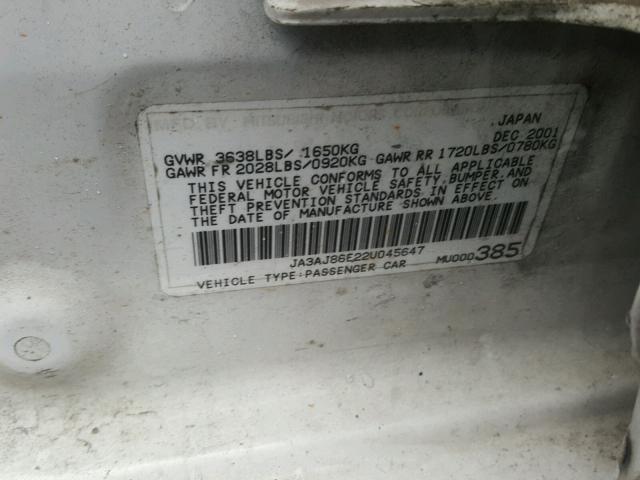 JA3AJ86E22U045647 - 2002 MITSUBISHI LANCER OZ WHITE photo 10