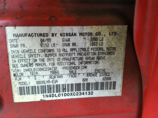 1N4DL01D0XC234132 - 1999 NISSAN ALTIMA XE RED photo 10