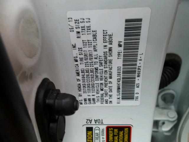 5J6RM4H74DL068093 - 2013 HONDA CR-V EXL WHITE photo 10