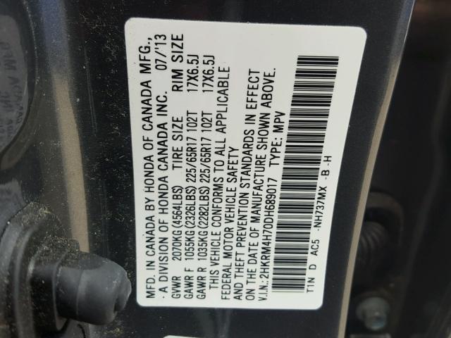 2HKRM4H70DH689017 - 2013 HONDA CR-V EXL GRAY photo 10