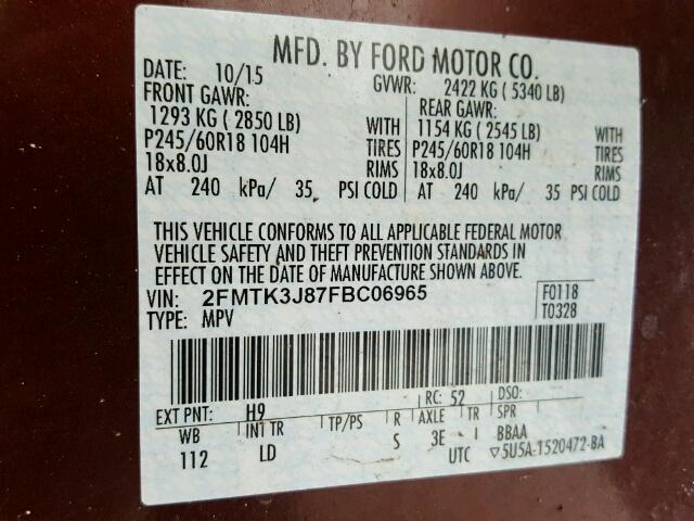 2FMTK3J87FBC06965 - 2015 FORD EDGE SEL BROWN photo 10
