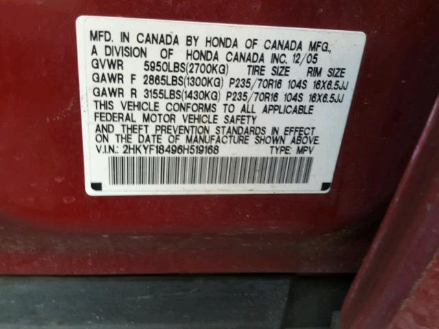 2HKYF18496H519168 - 2006 HONDA PILOT EX RED photo 10