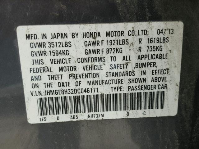 JHMGE8H32DC046171 - 2013 HONDA FIT GRAY photo 10