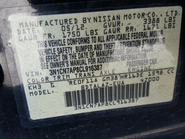 3N1CN7AP8CL916387 - 2012 NISSAN VERSA S BLACK photo 10