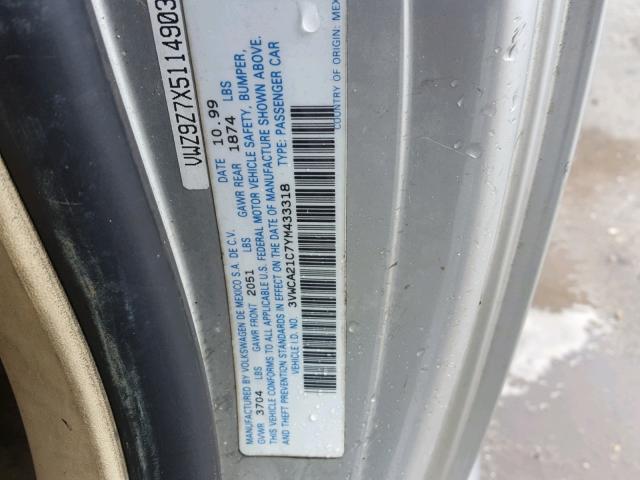 3VWCA21C7YM433318 - 2000 VOLKSWAGEN NEW BEETLE 灰色 照片 10