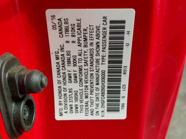 2HGFC4B09GH306000 - 2016 HONDA CIVIC LX RED photo 10