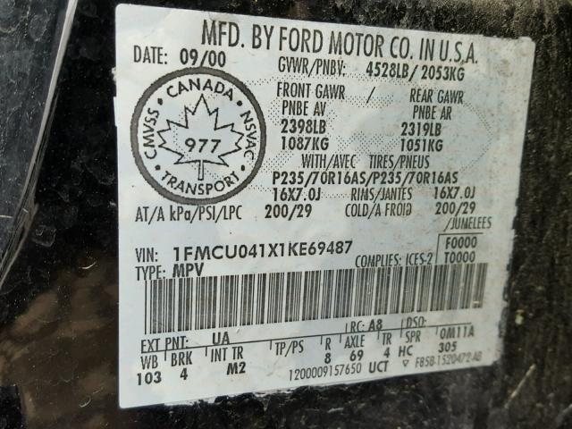 1FMCU041X1KE69487 - 2001 FORD ESCAPE XLT BLACK photo 10