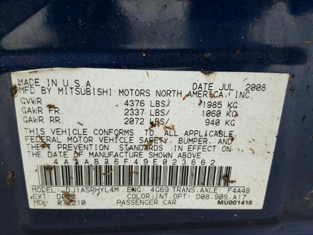 4A3AB36F49E023662 - 2009 MITSUBISHI GALANT ES BLUE photo 10