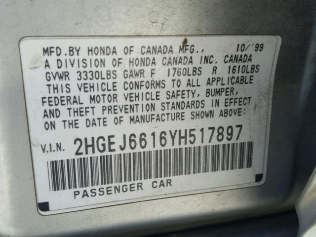 2HGEJ6616YH517897 - 2000 HONDA CIVIC BASE Gümüş foto 10