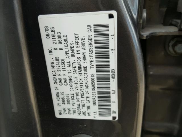 19UUA66218A050018 - 2008 ACURA TL GRAY photo 10