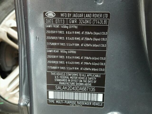 SALAK2D43DA687135 - 2013 LAND ROVER LR4 HSE LU GRAY photo 10