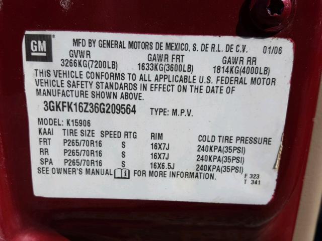 3GKFK16Z36G209564 - 2006 GMC YUKON XL K MAROON photo 10