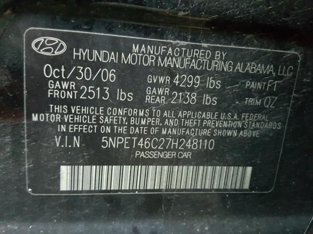 5NPET46C27H248110 - 2007 HYUNDAI SONATA GLS BLACK photo 10