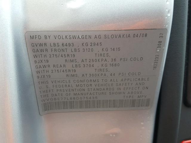 WVGBE77L88D075435 - 2008 VOLKSWAGEN TOUAREG 2 SILVER photo 10