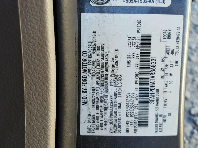 3FAHP0HA1AR368321 - 2010 FORD FUSION SE GRAY photo 10