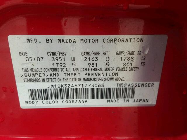 JM1BK324671773063 - 2007 MAZDA 3 S RED photo 10