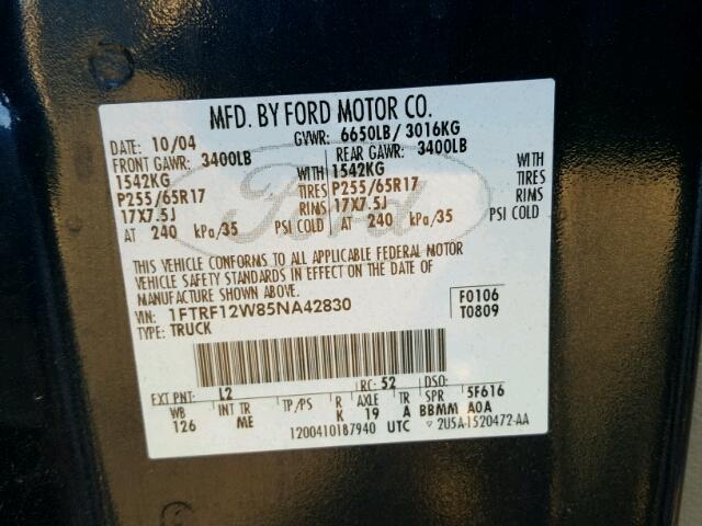 1FTRF12W85NA42830 - 2005 FORD F150 BLUE photo 10