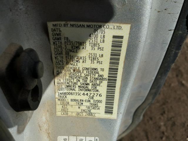 1N6BD06T35C447276 - 2005 NISSAN FRONTIER K SILVER photo 10