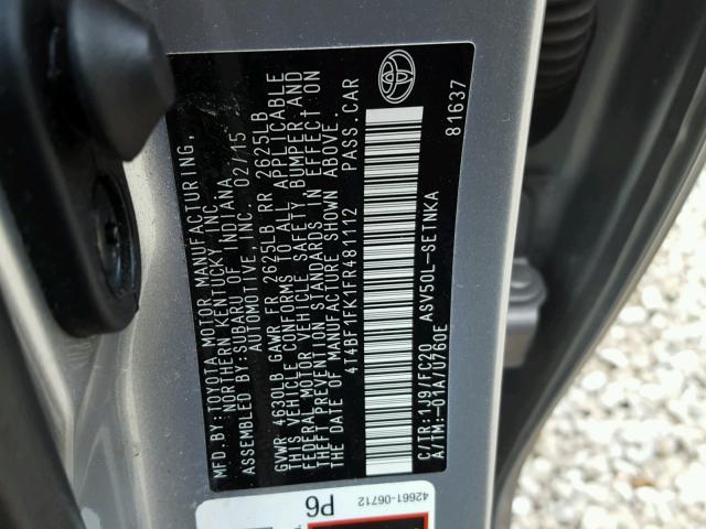 4T4BF1FK1FR481112 - 2015 TOYOTA CAMRY LE 银色 照片 10