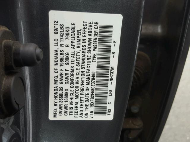 19XFB2F58CE379490 - 2012 HONDA CIVIC LX GRAY photo 10