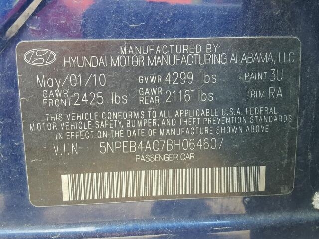 5NPEB4AC7BH064607 - 2011 HYUNDAI SONATA GLS BLUE photo 10