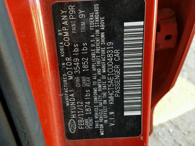 KMHCT5AE1CU048319 - 2012 HYUNDAI ACCENT GLS RED photo 10