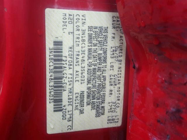 3N1BC13E48L356031 - 2008 NISSAN VERSA S RED photo 10