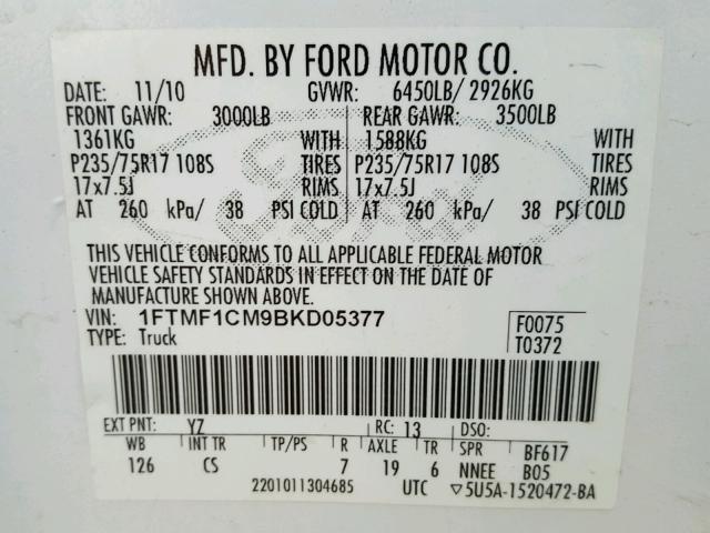 1FTMF1CM9BKD05377 - 2011 FORD F150 WHITE photo 10