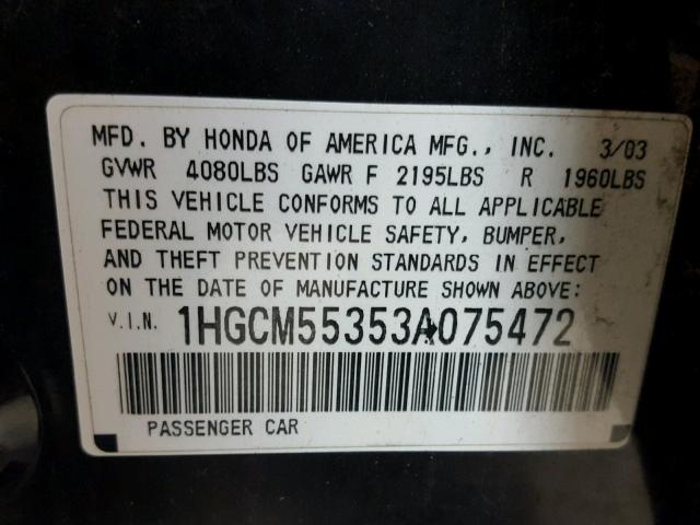 1HGCM55353A075472 - 2003 HONDA ACCORD LX BLACK photo 10