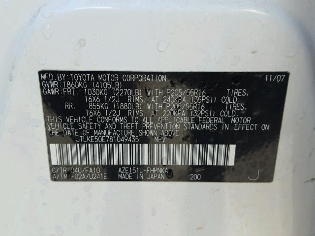 JTLKE50E781049435 - 2008 TOYOTA SCION WHITE photo 10